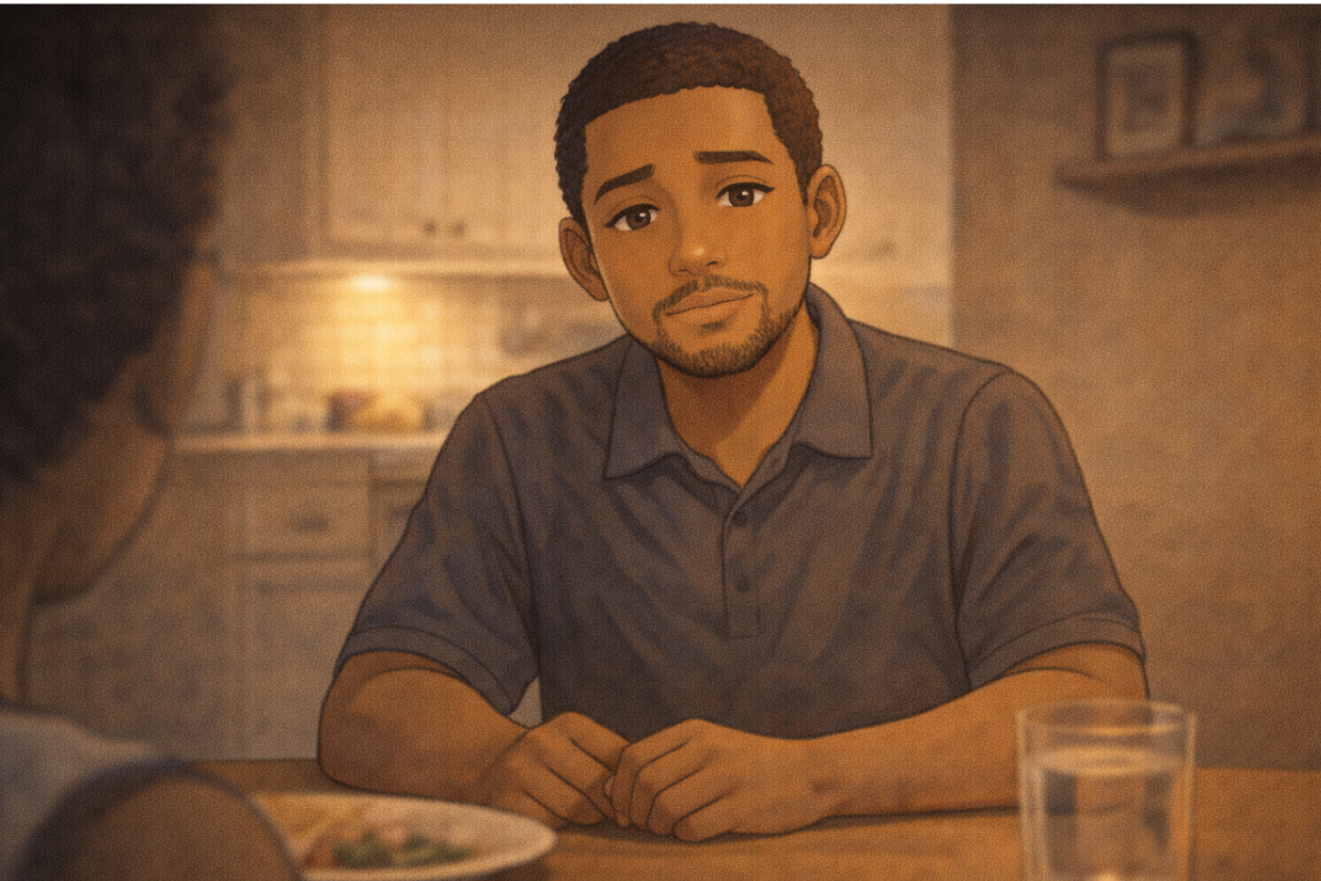 James listening to his dad, quietly nodding