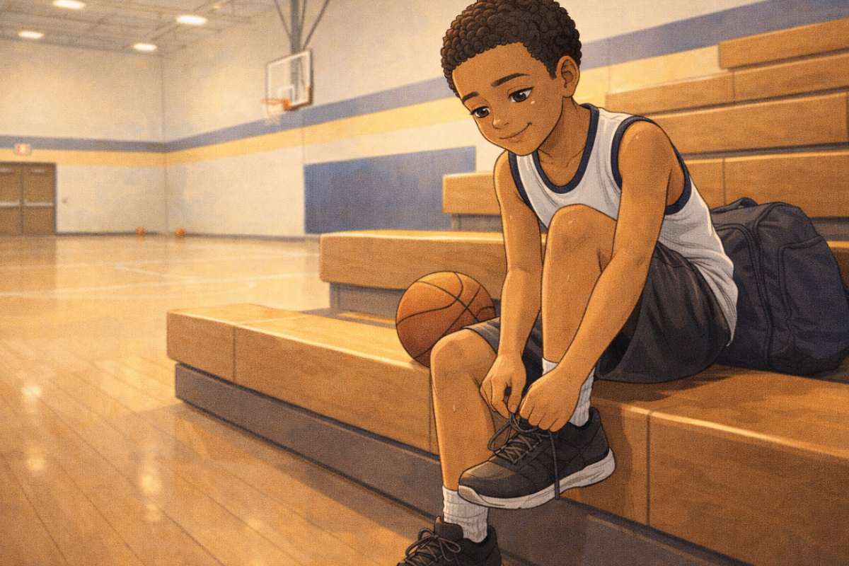 James tying his shoes on the bleachers