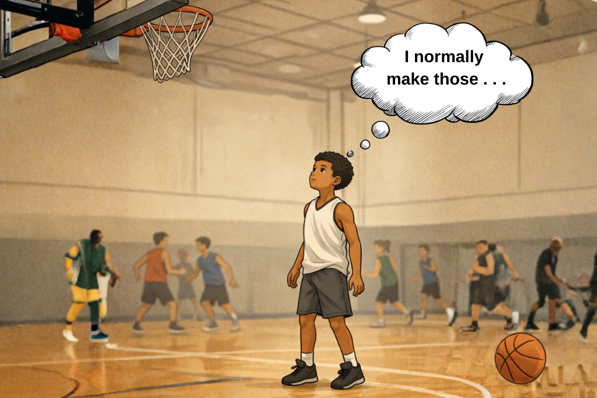 James standing under the hoop, paused