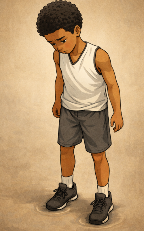 James looking down at his legs, confused