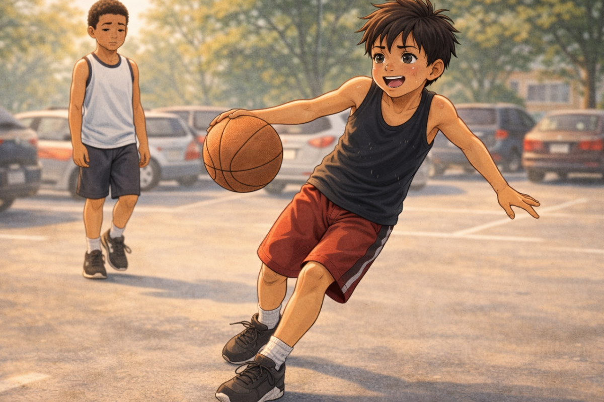 Milo dribbling backward in the parking lot