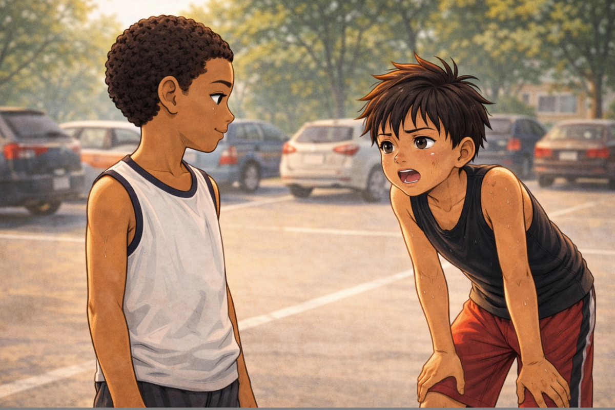 Milo stumbling and laughing while dribbling