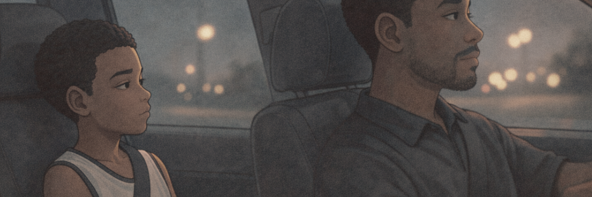 James resting his head against the car window